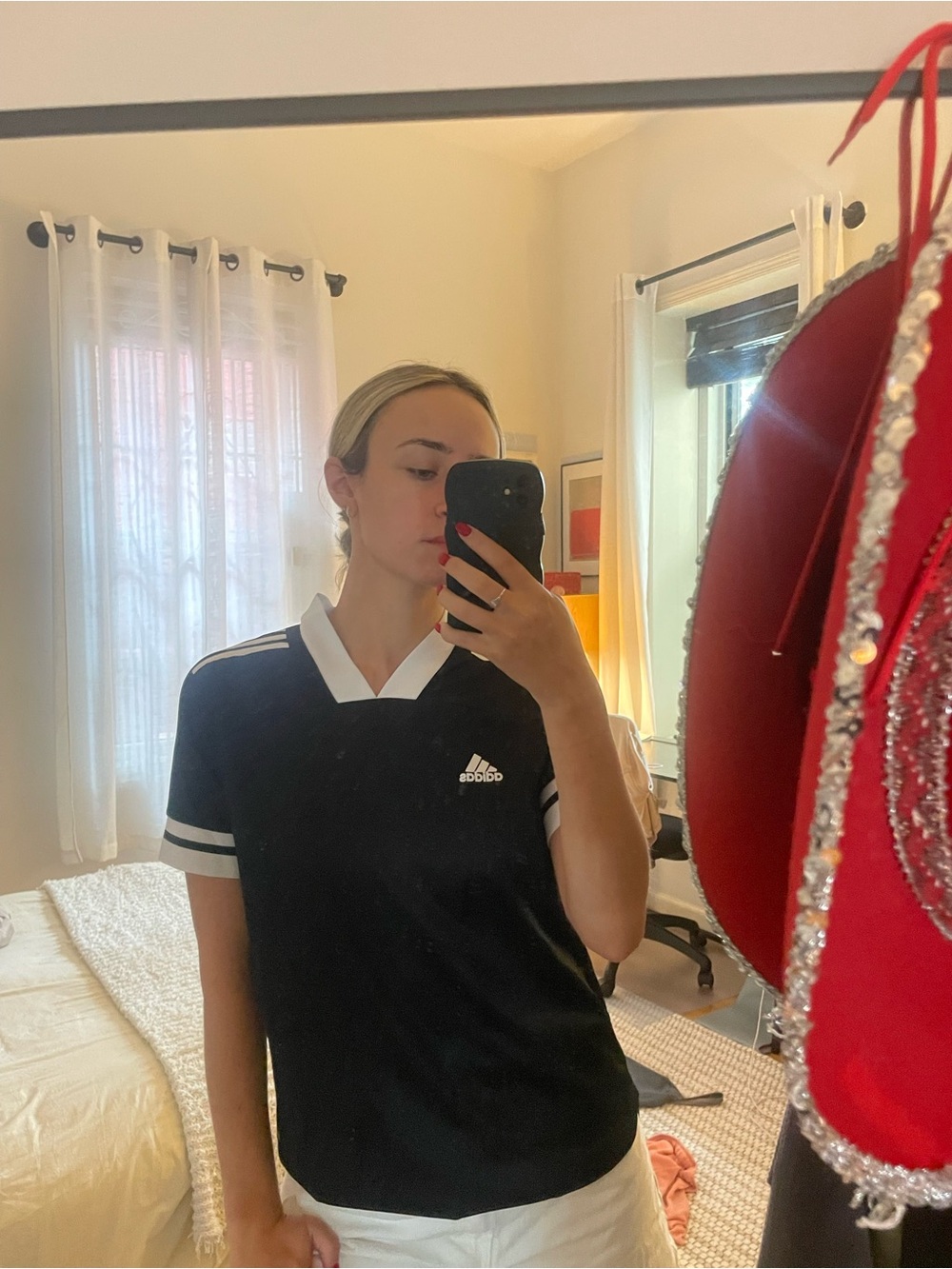 Adidas Black V-Neck Athletic Shirt with White Trim